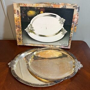 Vintage‎ Silver Plated Oval Serving Trays Set of 2 Grape Handles Decorative
